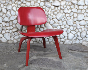 Red Stained LCW Lounge Chair by Charles & Ray Eames for Evans Products Company, 1948