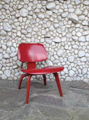 Red Stained LCW Lounge Chair by Charles & Ray Eames for Evans Products Company, 1948