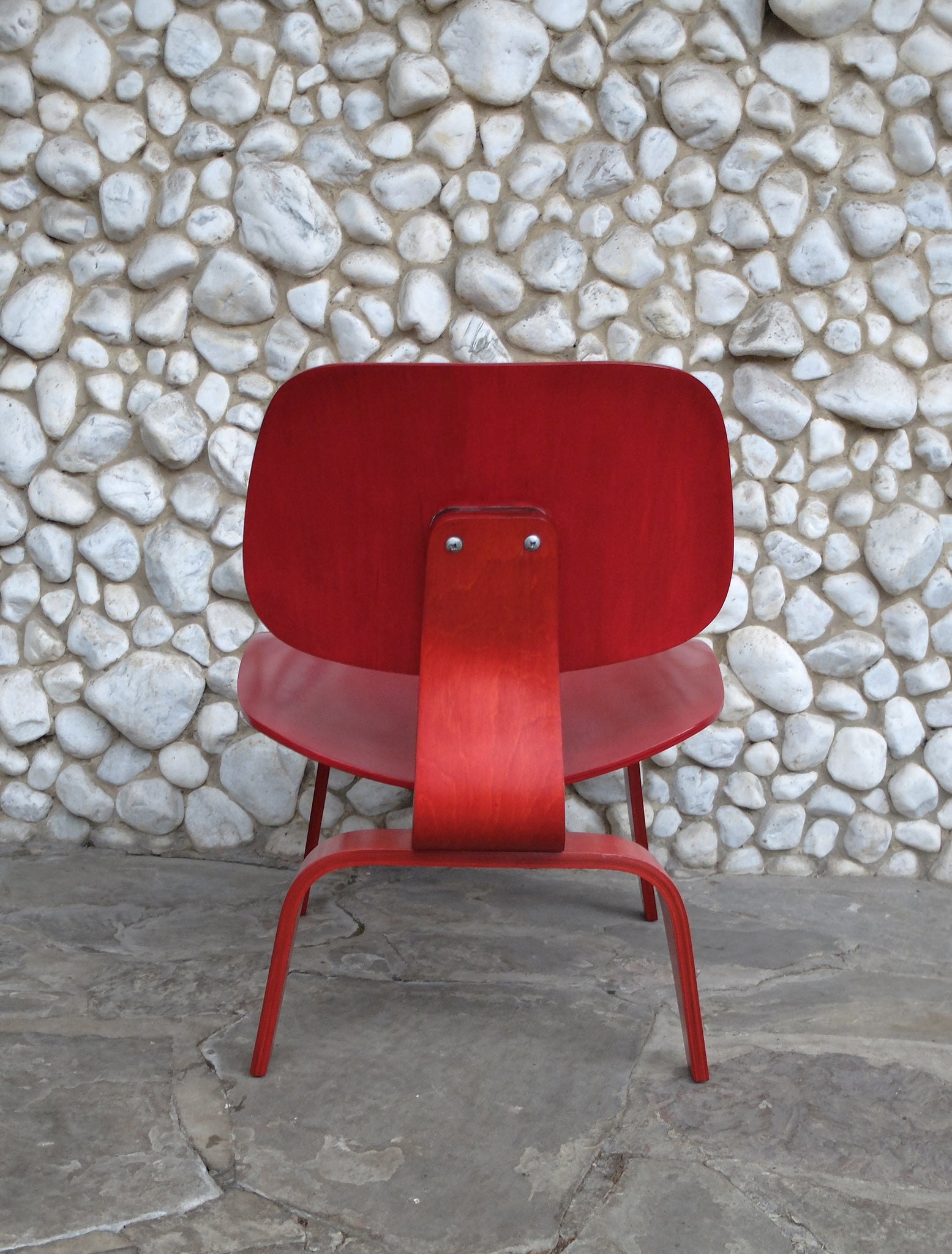 Red Stained LCW Lounge Chair by Charles & Ray Eames for Evans Products Company, 1948