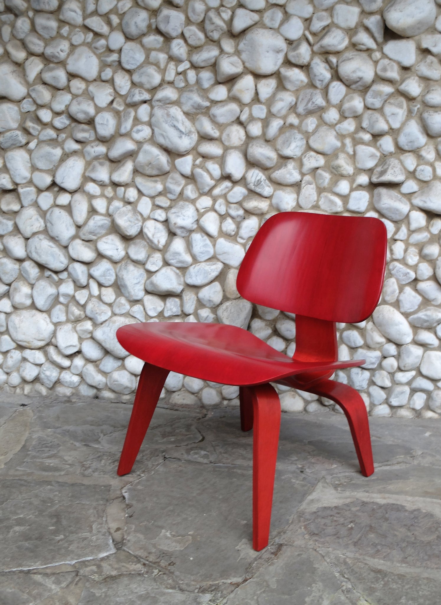 Red Stained LCW Lounge Chair by Charles & Ray Eames for Evans Products Company, 1948