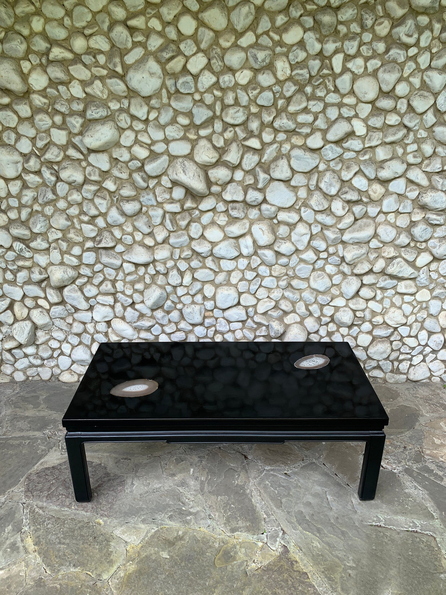 Coffee table black resin and agates Belgian design 1970