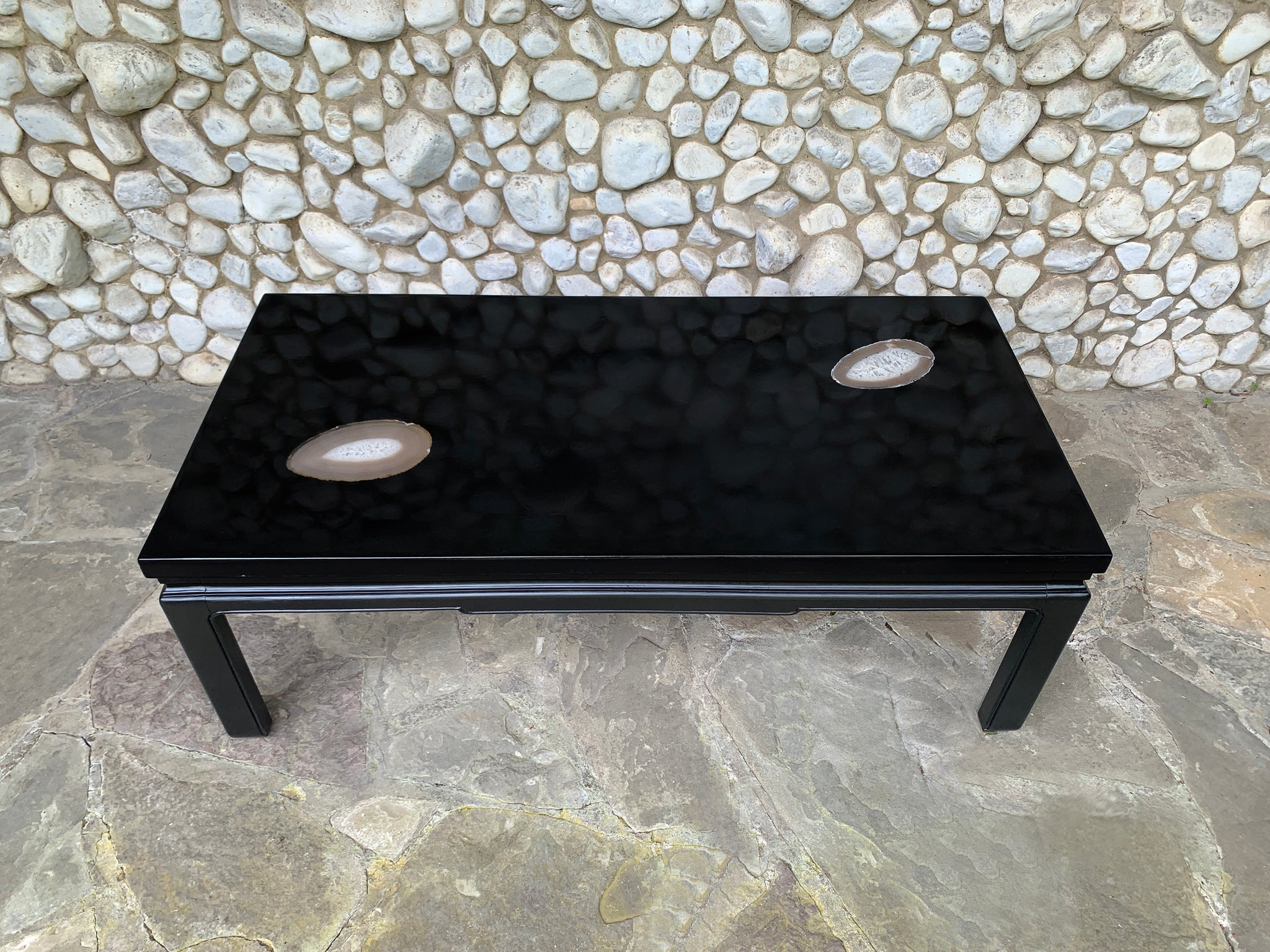 Coffee table black resin and agates Belgian design 1970