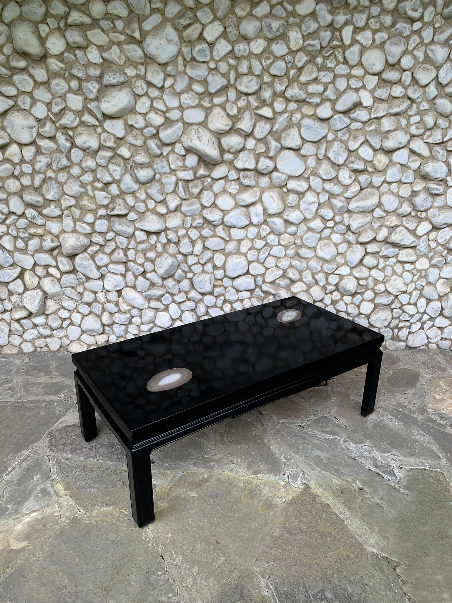 Coffee table black resin and agates Belgian design 1970