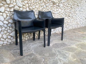 Pair CAB 413 Armchairs in Grey Leather by Mario Bellini for Cassina, 1980s