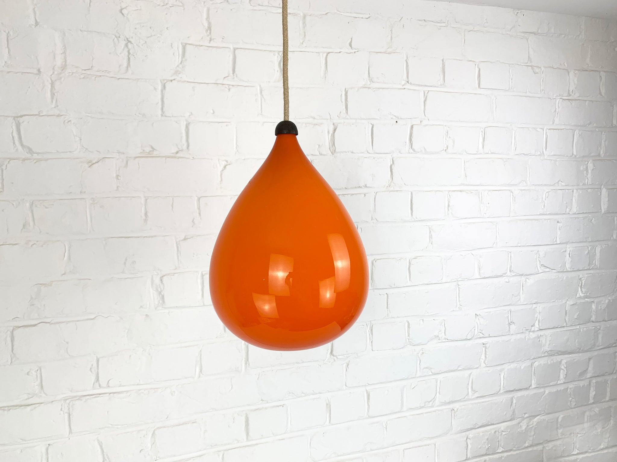 Scandinavian 1960s pendant lamp orange glass & teak, Kristiansson Luxus, Sweden