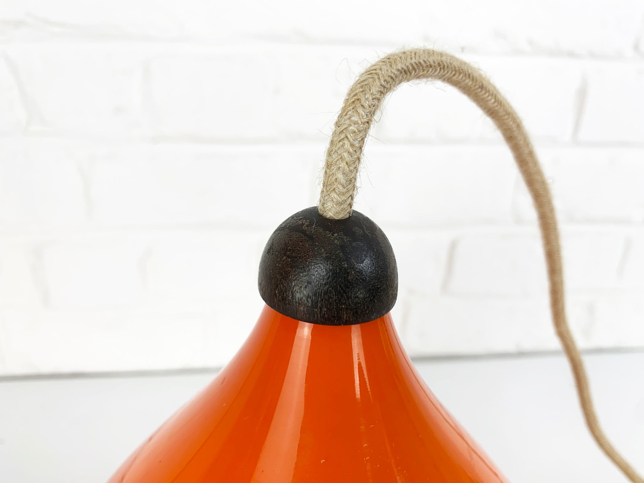 Scandinavian 1960s pendant lamp orange glass & teak, Kristiansson Luxus, Sweden