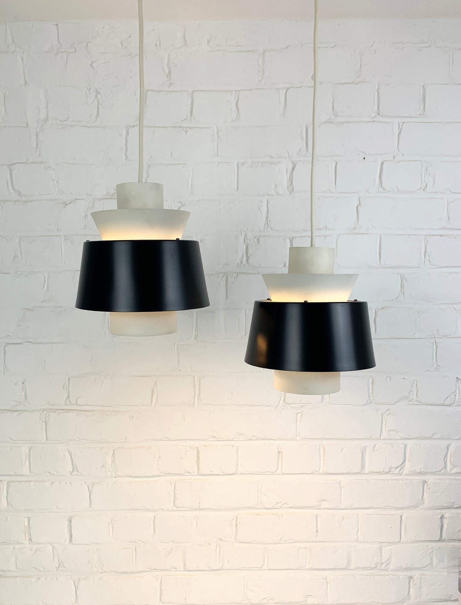 Pair Modernist Pendant Lamps by Jørn Utzon for Nordisk Solar, Denmark, 1960s