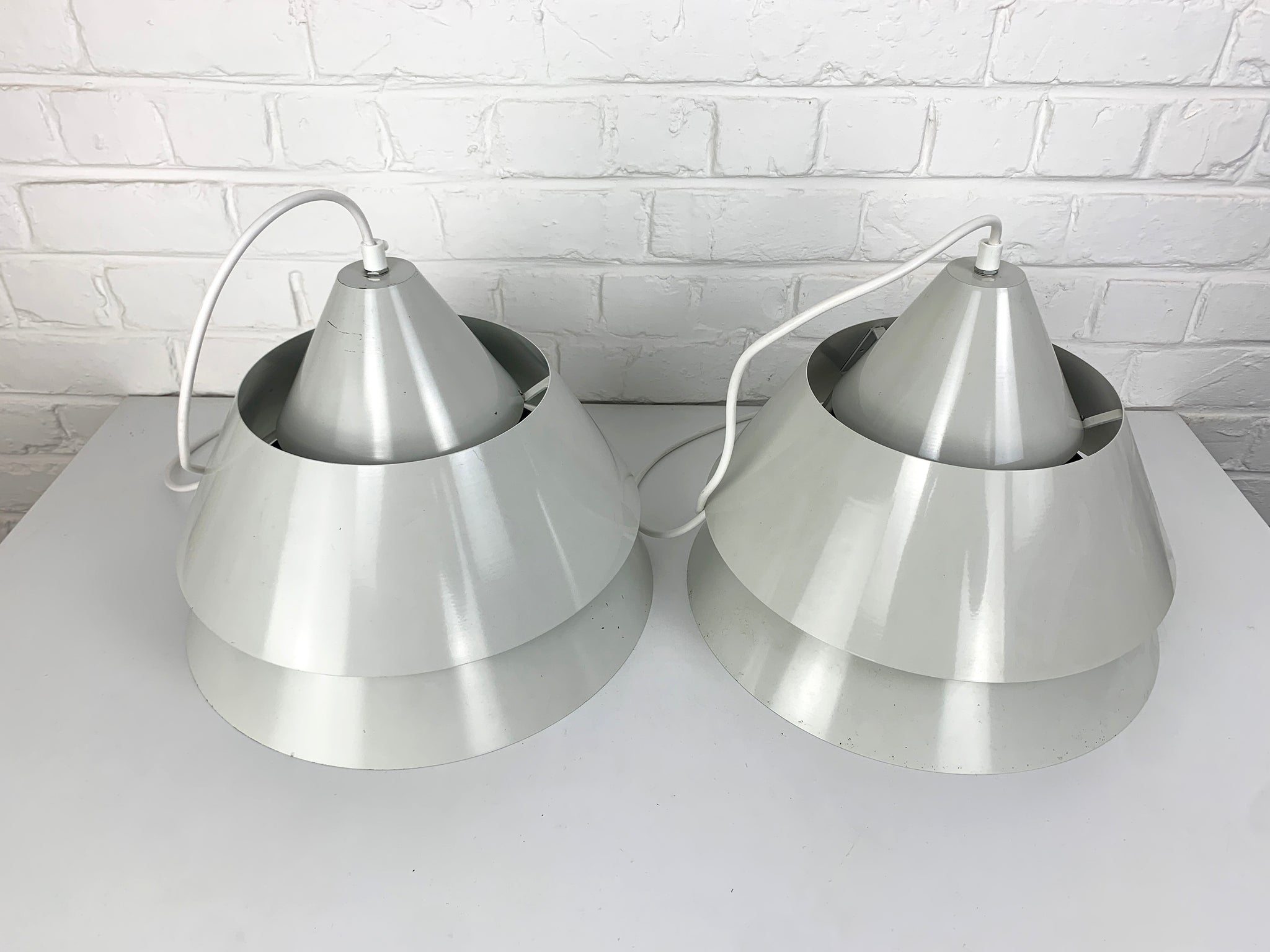 Pair light grey Zone Pendant Lamps Jo Hammerborg for Fog & Mørup, 1960s