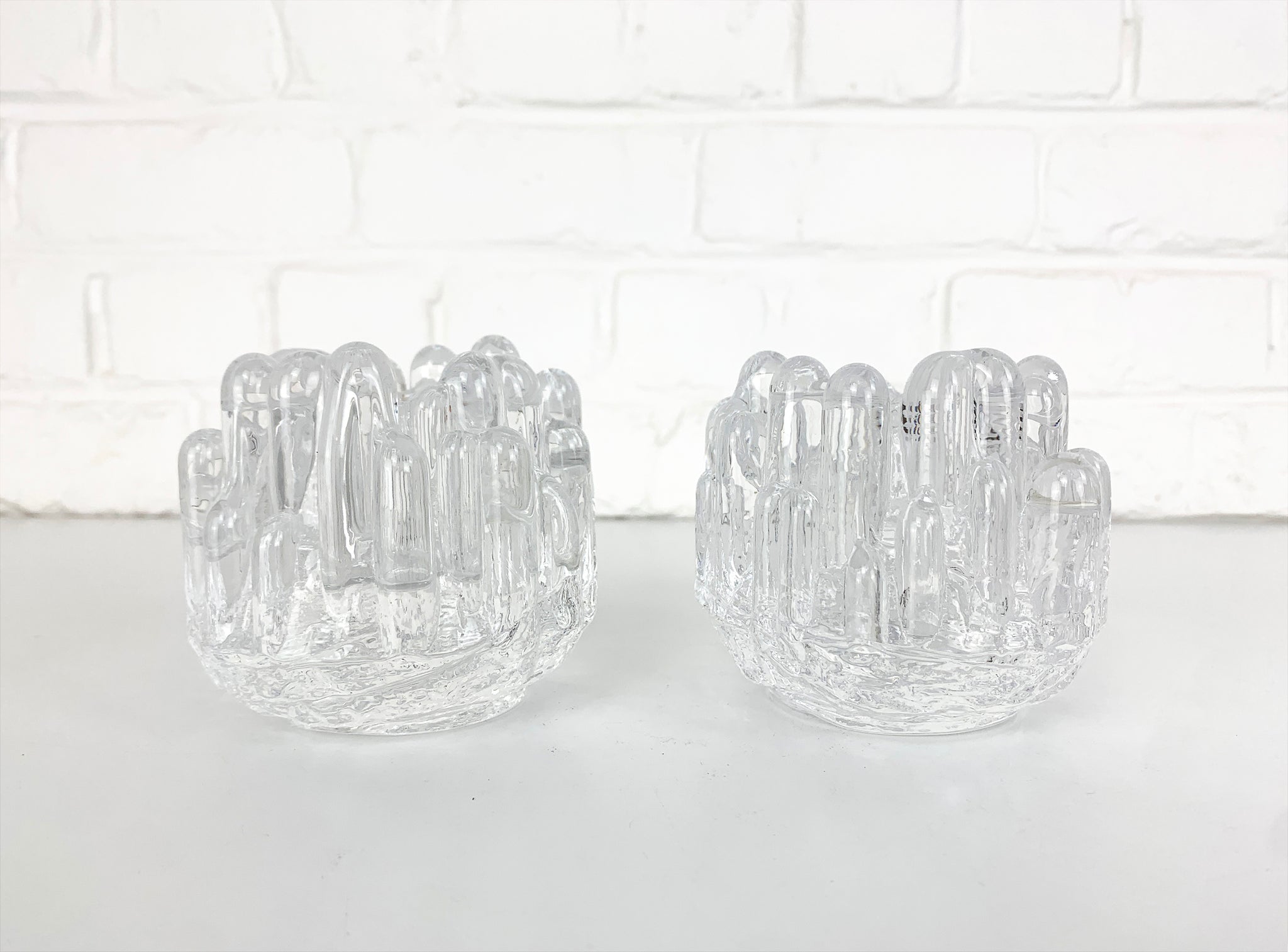 Pair Sunflower Glass Candlesticks by Göran Wärff for Kosta Boda, Sweden, 1970s