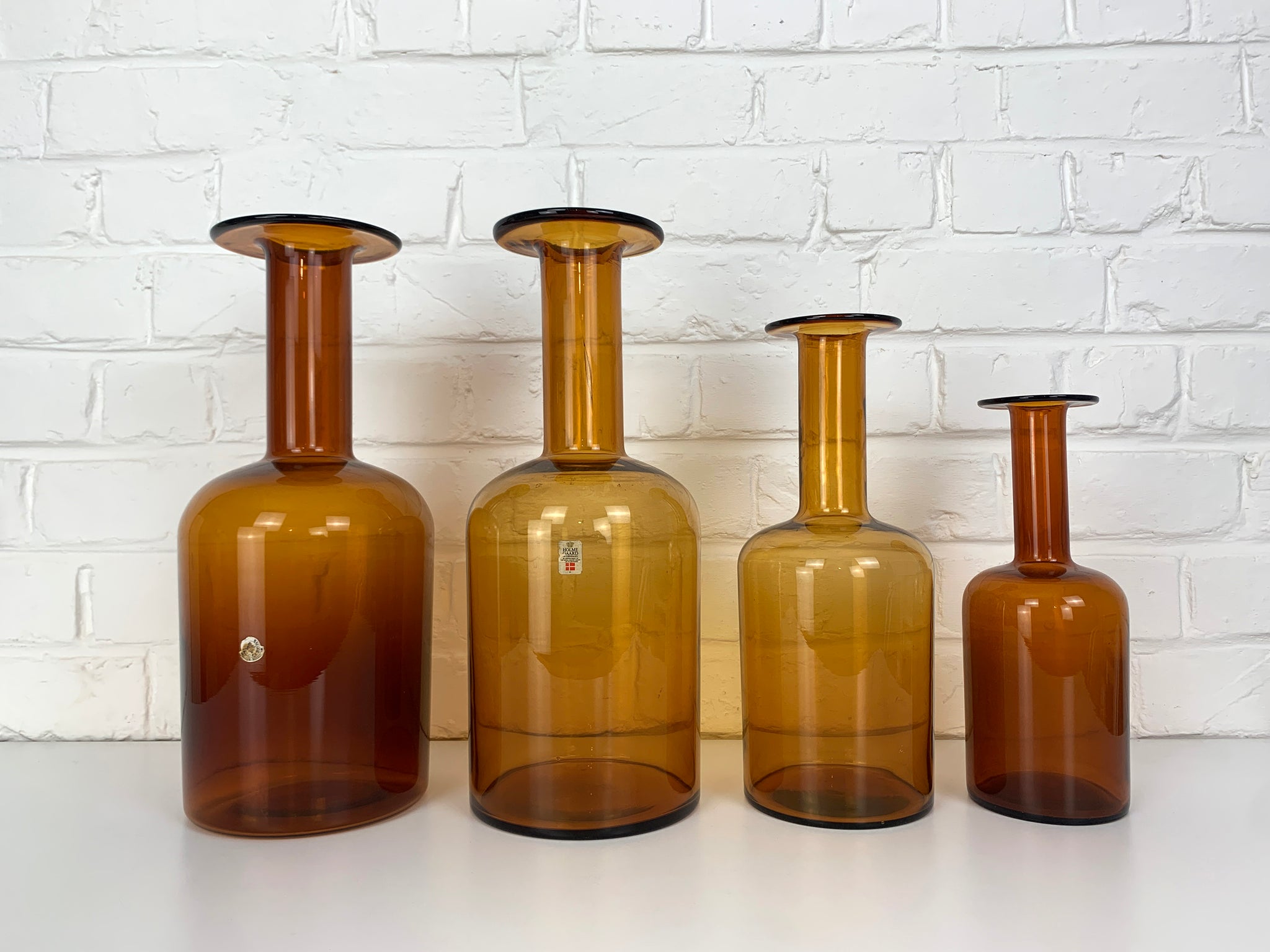 Set of Four Holmegaard Gulv Vases by Otto Brauer, in Amber