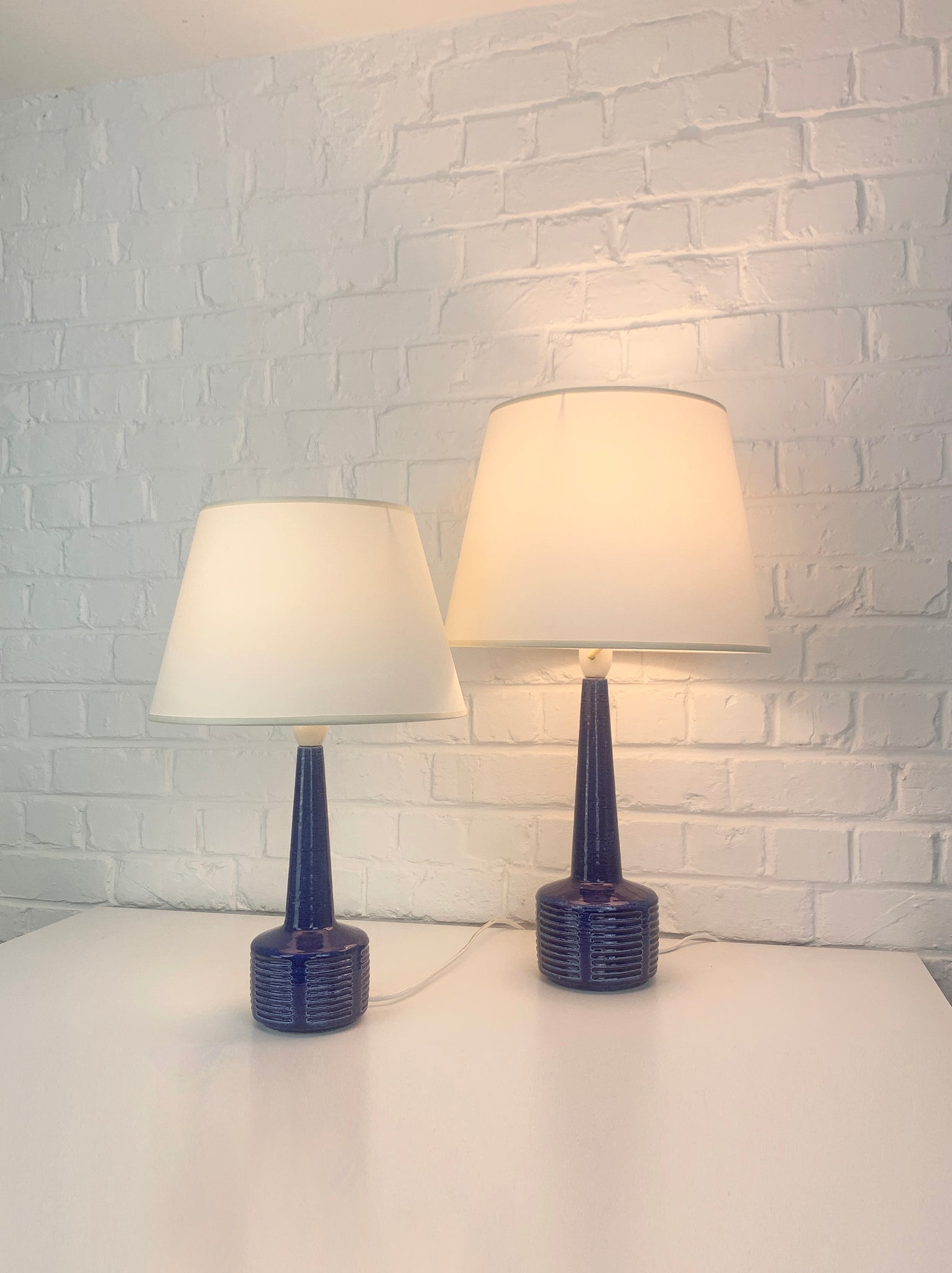 Pair blue ceramic table lamps by Palshus Denmark, stoneware Linnemann-Schmidt