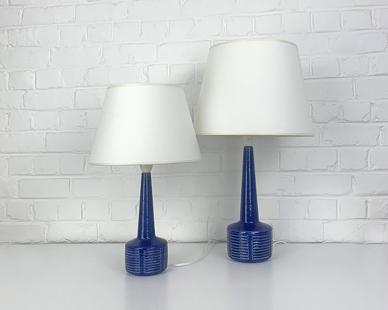 Pair blue ceramic table lamps by Palshus Denmark, stoneware Linnemann-Schmidt