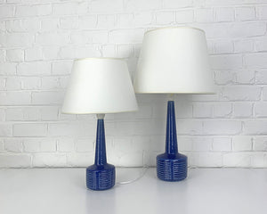 Pair blue ceramic table lamps by Palshus Denmark, stoneware Linnemann-Schmidt