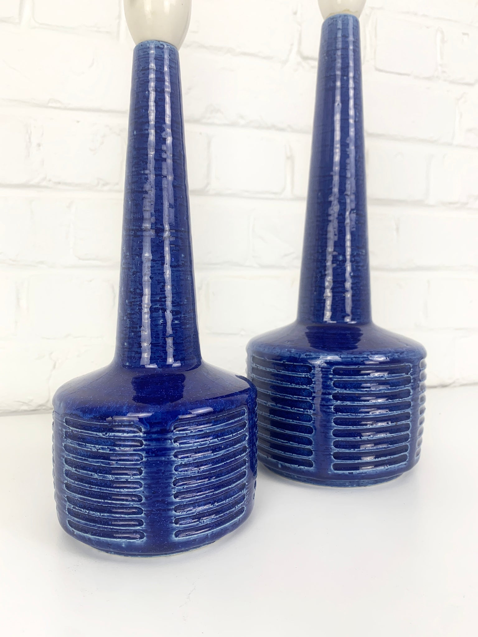 Pair blue ceramic table lamps by Palshus Denmark, stoneware Linnemann-Schmidt