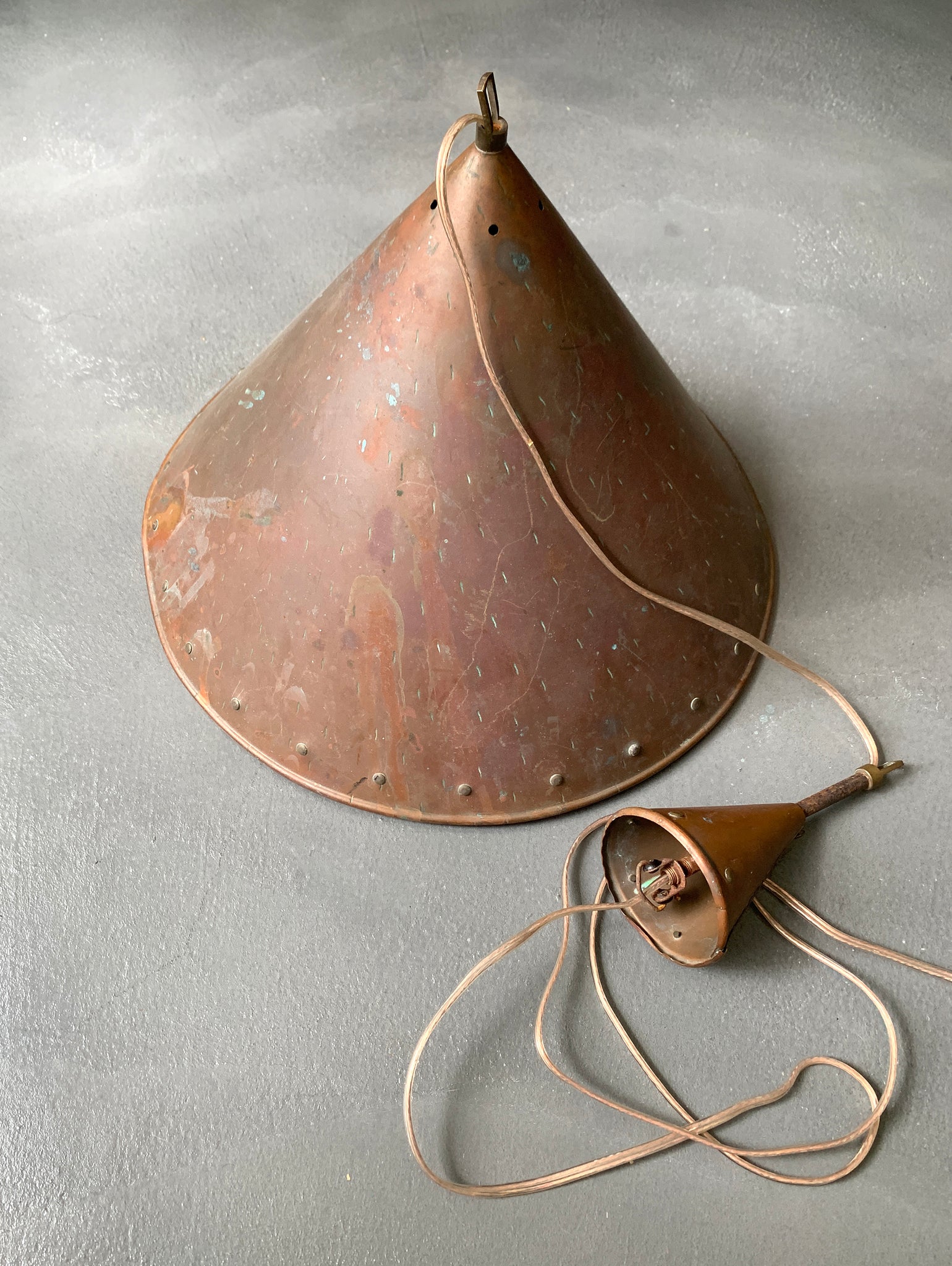 Brutalist pendant light, hand hammered copper by E.S Horn Aalestrup Denmark