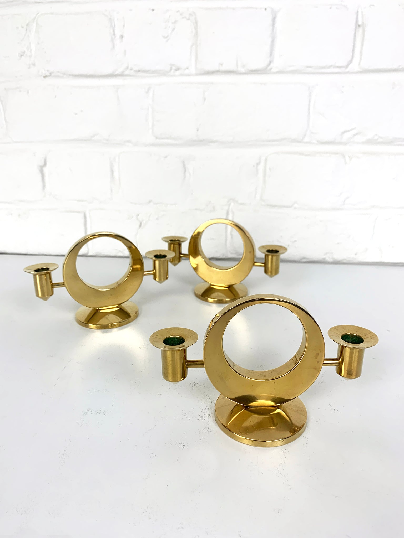 Set of 3 double Candelabras in Brass by Arthur Pe Petterson Kolbäck, Sweden