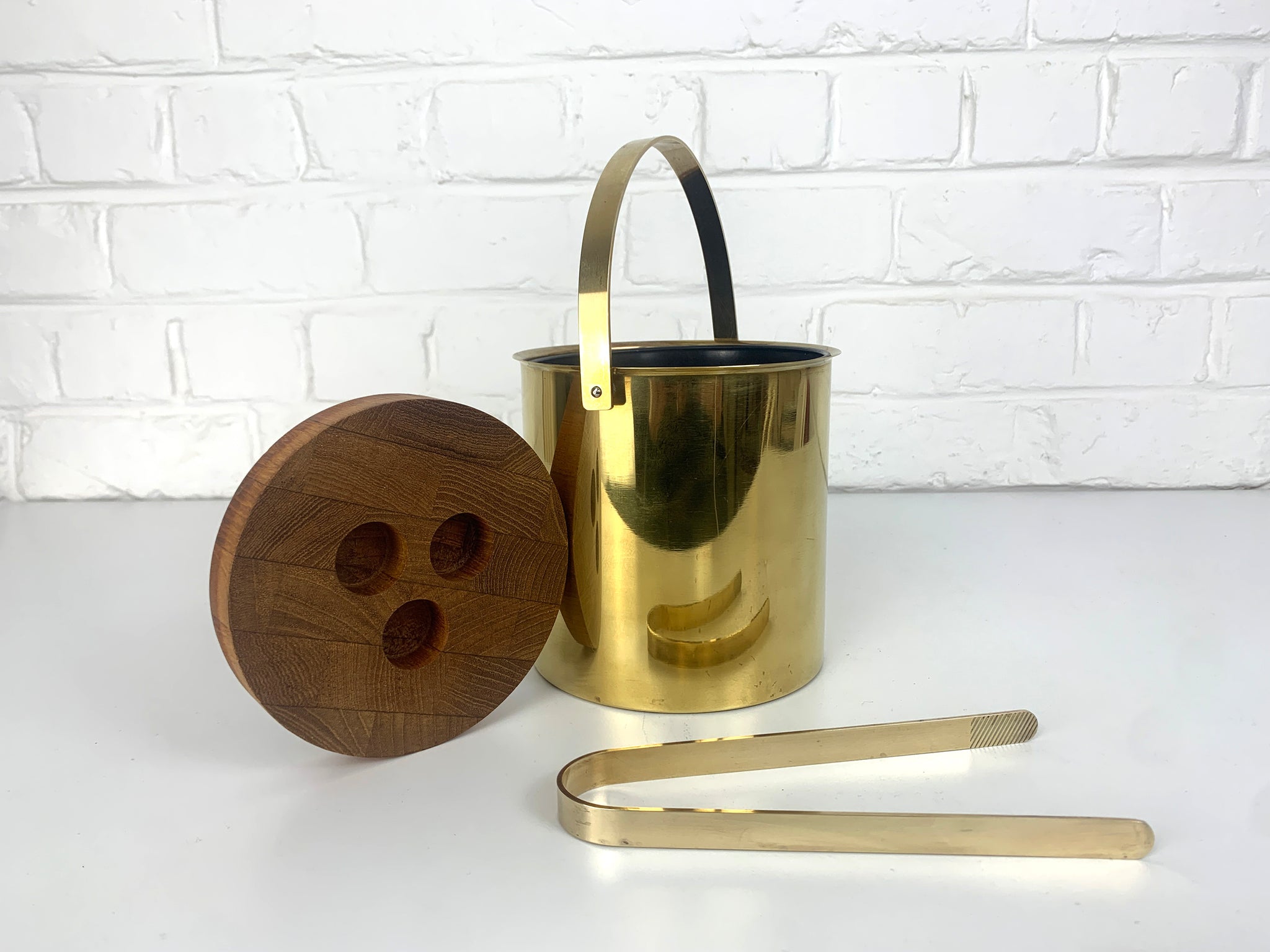 Ice Bucket & Tong by Arne Jacobsen for Stelton Brassware, brass & teak, 1960s