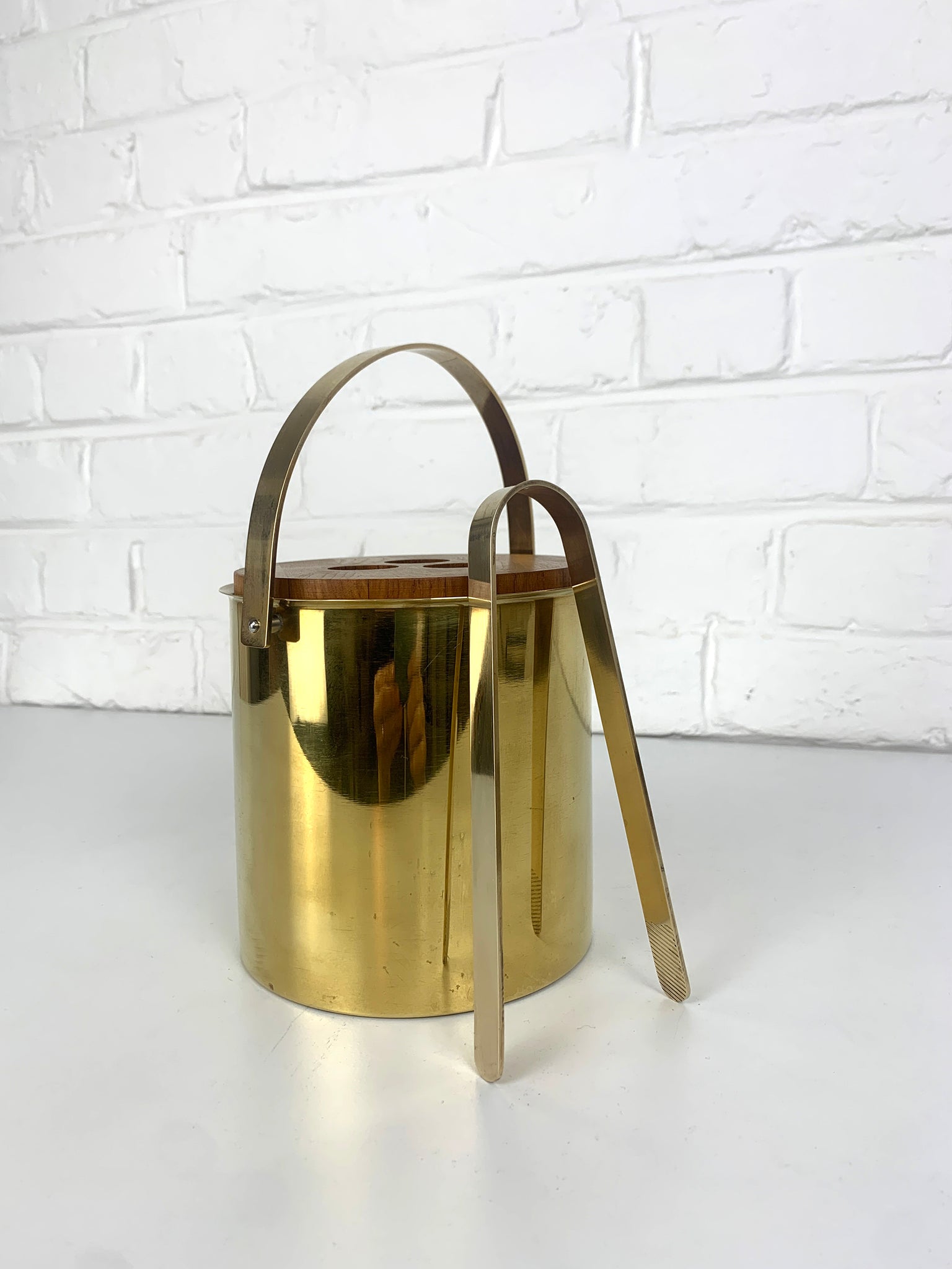 Ice Bucket & Tong by Arne Jacobsen for Stelton Brassware, brass & teak, 1960s