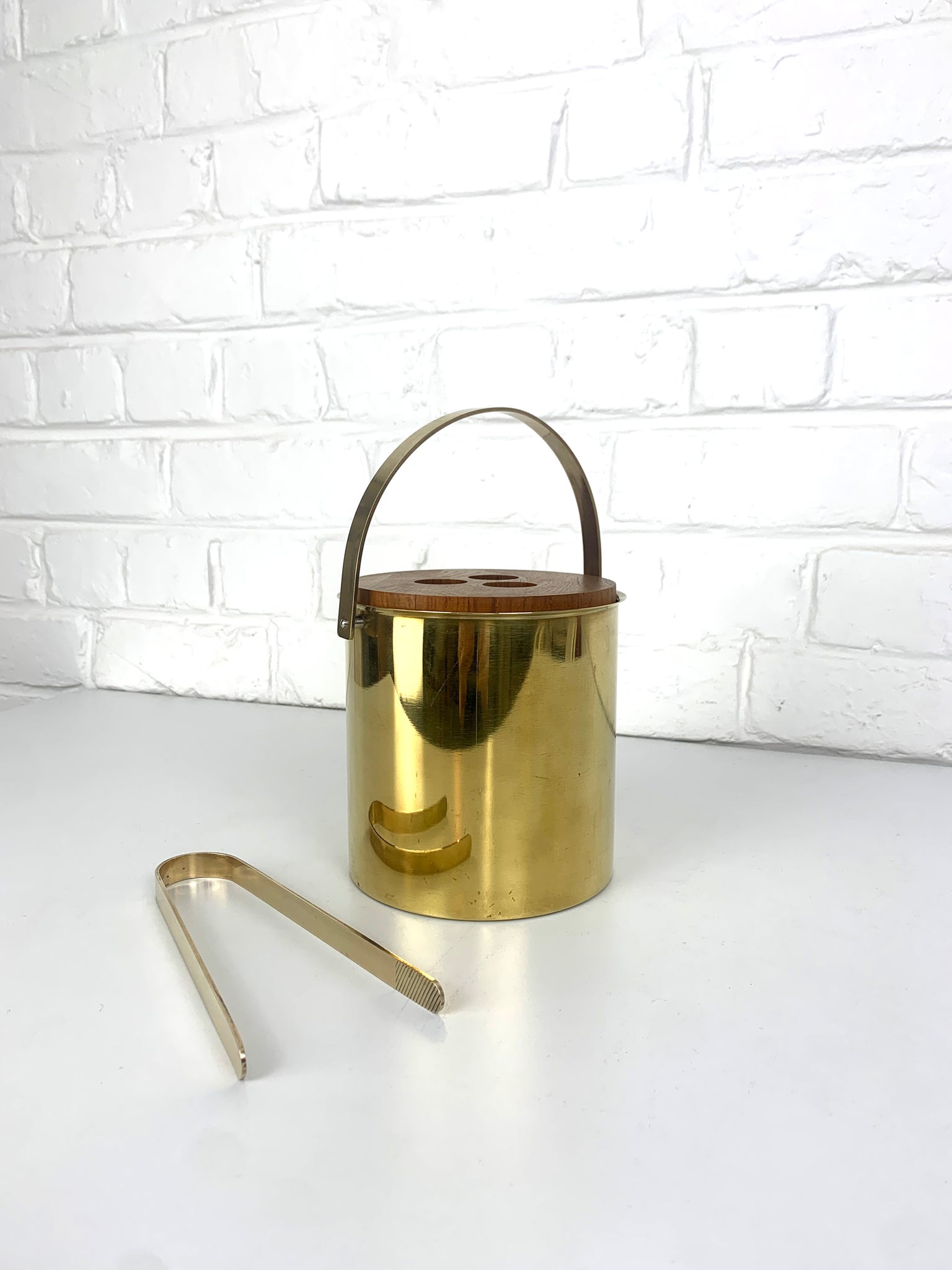 Ice Bucket & Tong by Arne Jacobsen for Stelton Brassware, brass & teak, 1960s