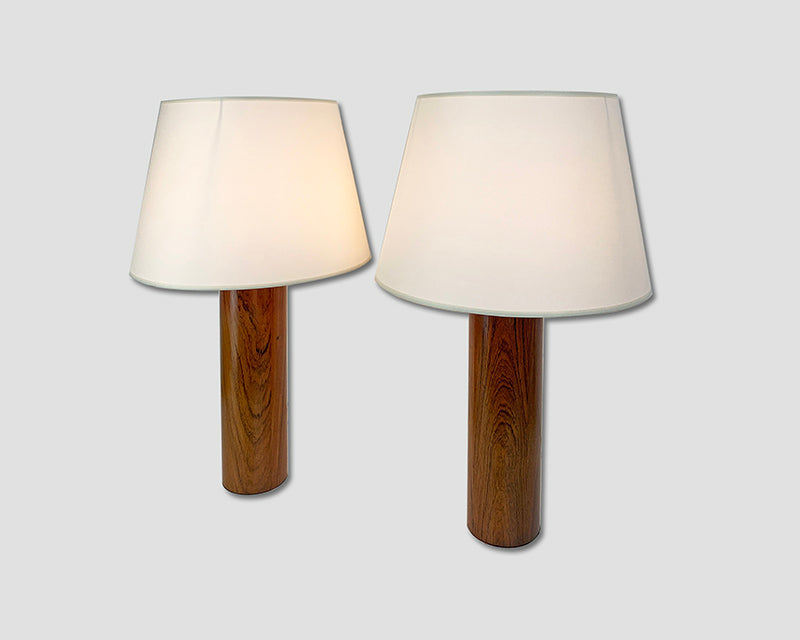 Pair large cylindric rosewood Table Lamps by Uno & Östen Kristiansson, Luxus, Sweden