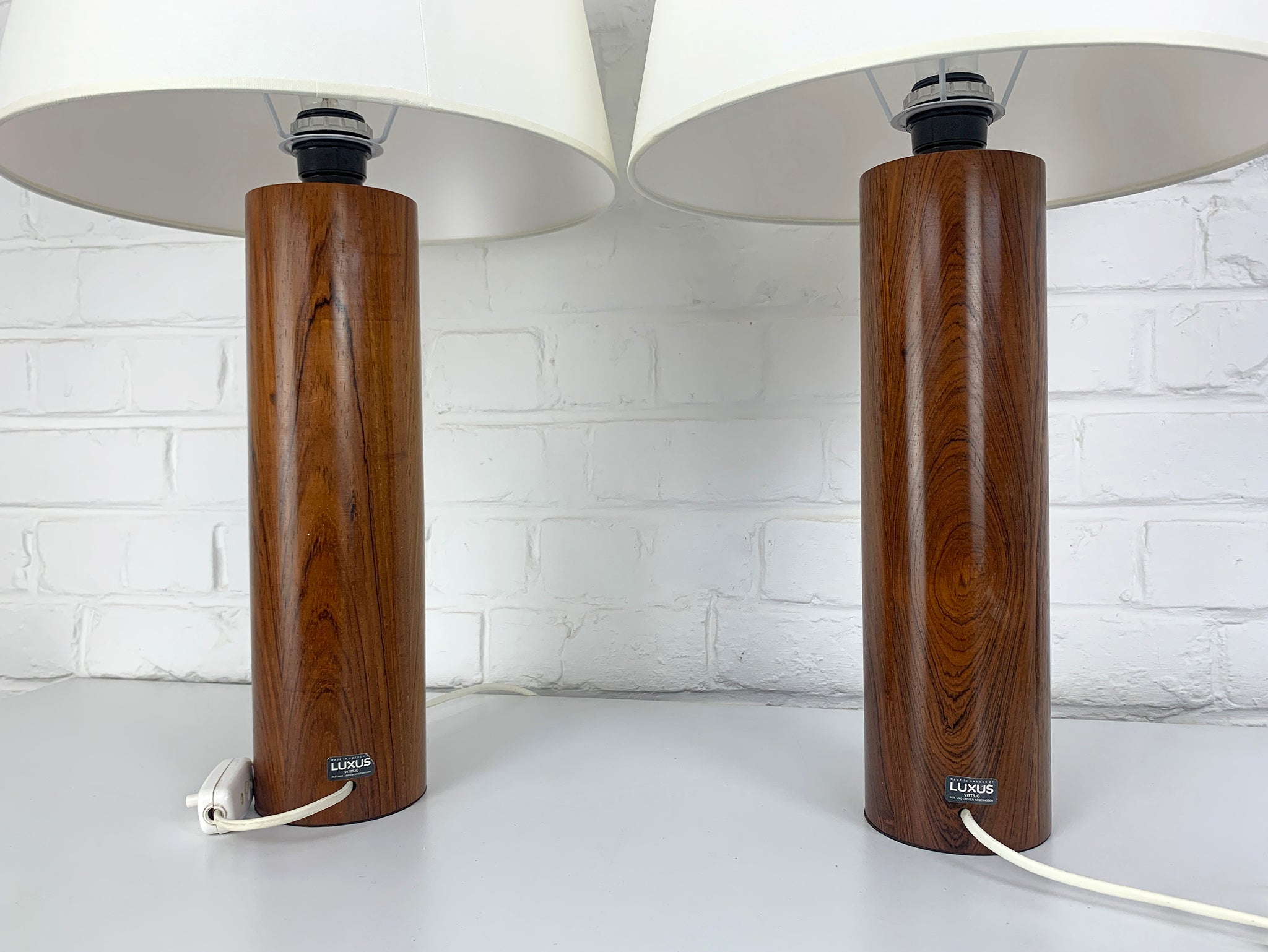 Pair large cylindric rosewood Table Lamps by Uno & Östen Kristiansson, Luxus, Sweden