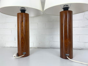 Pair large cylindric rosewood Table Lamps by Uno & Östen Kristiansson, Luxus, Sweden