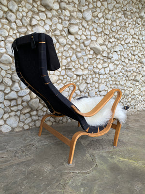 Pernilla Lounge Arm Chair in beech & black canvas by Bruno Mathsson, Sweden 1970