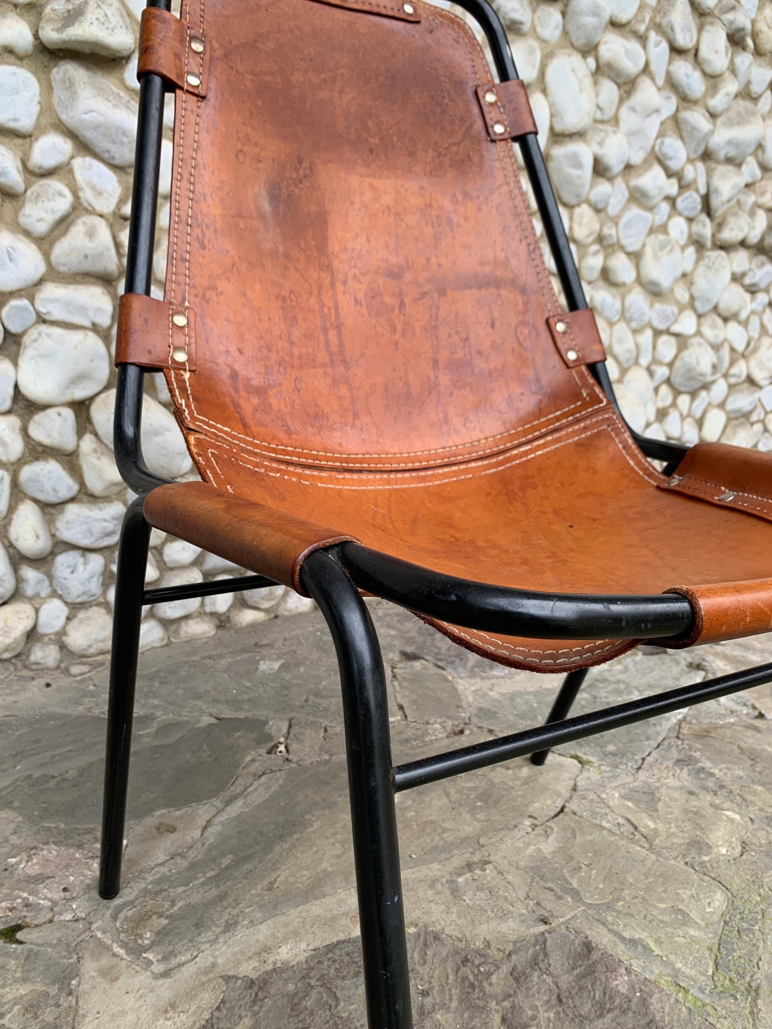 Les Arcs Dining Chair by Charlotte Perriand, patinated leather, 1960s