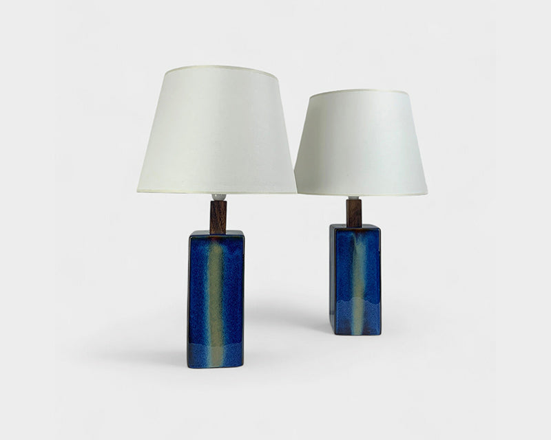 Pair Danish Soholm Stentoj blue ceramic & teak table lamps Denmark, 1960-70