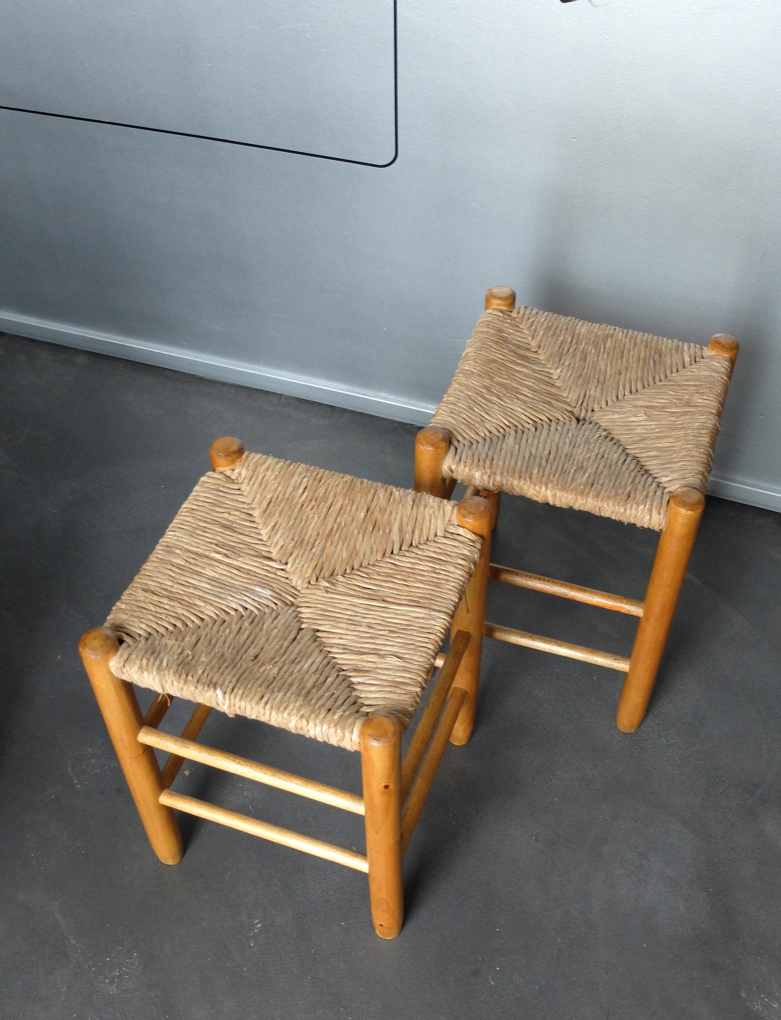 Pair of Vintage No. 17 Straw Stools by Charlotte Perriand for L'Equipement de la Maison, France