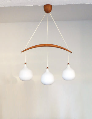 Scandinavian Mid-Century pendant lamp in teak and opaline, Uno & Östen Kristiansson for Luxus, Sweden