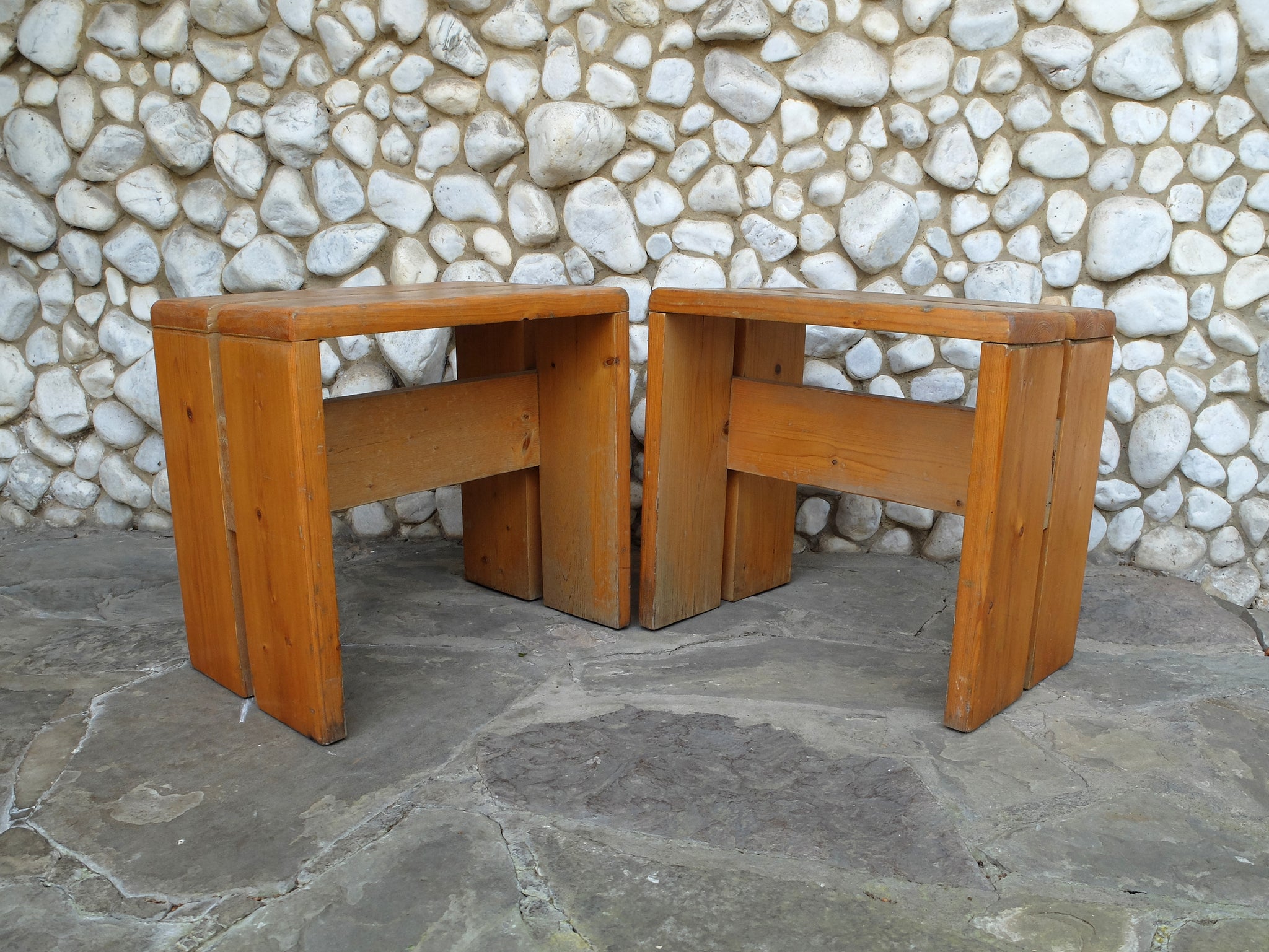 Pair of Pine Stools by Charlotte Perriand for Les Arcs 1960s