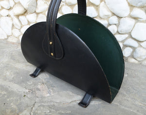 Mid-Century French Leather and Brass Magazine Rack in the style of Jacques Adnet