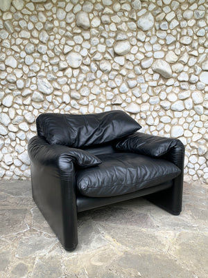 Black Leather Maralunga Armchair by Vico Magistretti for Cassina