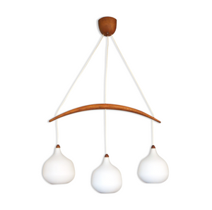 Scandinavian Mid-Century pendant lamp in teak and opaline, Uno & Östen Kristiansson for Luxus, Sweden