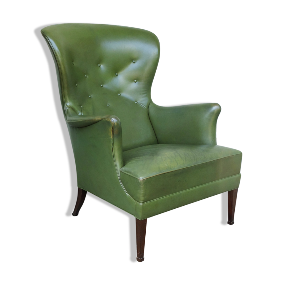 Wingback Easy Chair with Provenance in Green Leather by Frits Henningsen, Denmark, 1950s